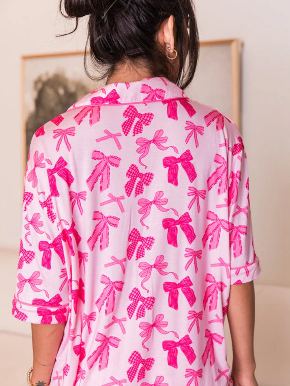 Women's Bow Knot Print Lapel Collar Short Sleeve and Pants Pajamas Set