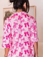 Women's Bow Knot Print Lapel Collar Short Sleeve and Pants Pajamas Set