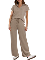 Women's Short Sleeve Top and Drawsting Wide Leg Pants 2 Piece Set