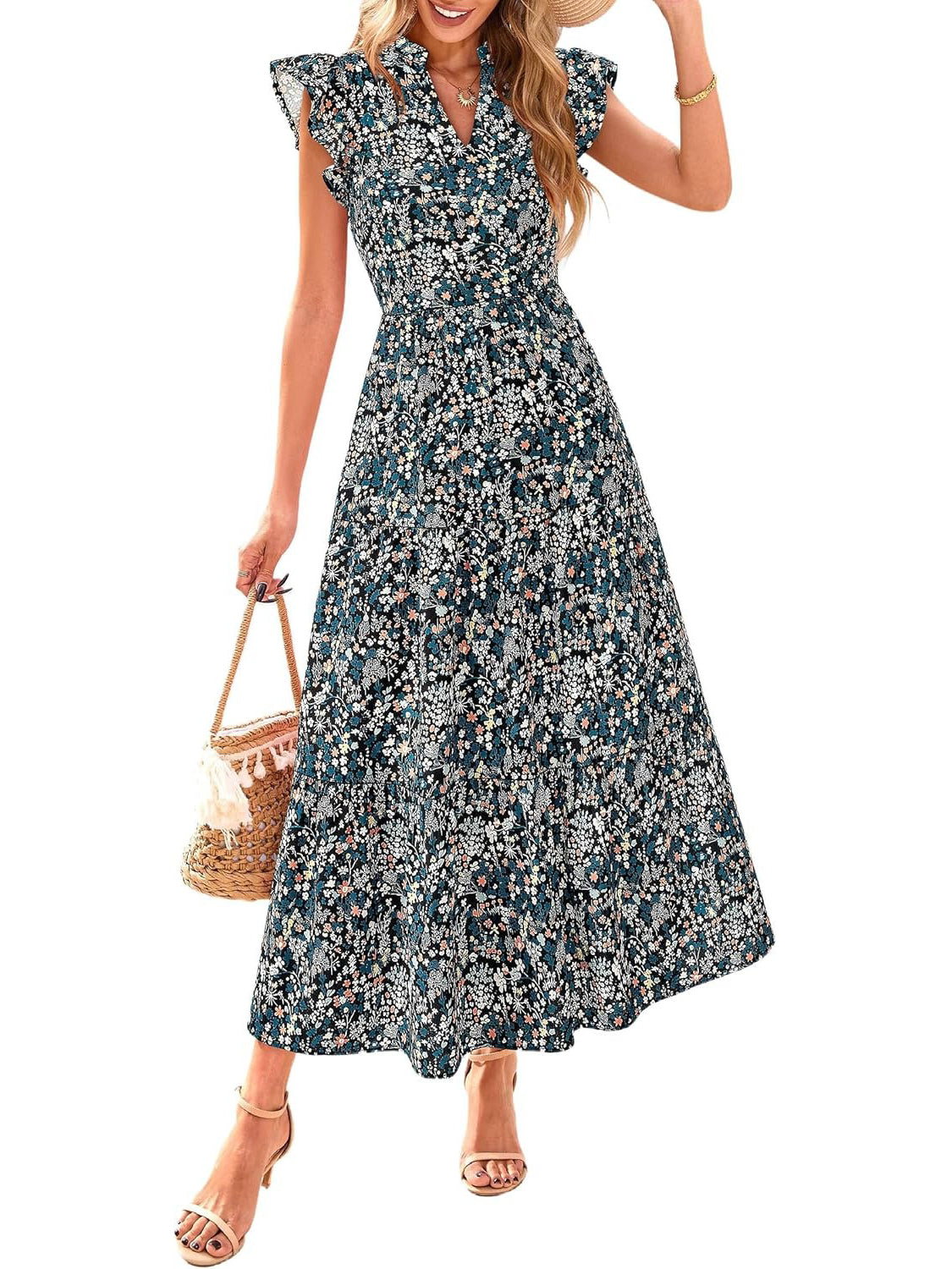Women's Boho Print V Neck Ruffle Maxi Dress