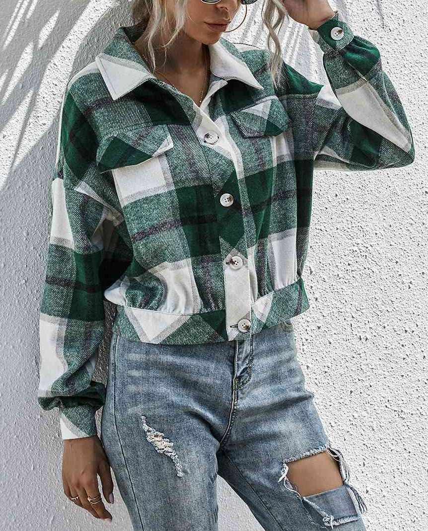 Women's Flannel Plaid Button Down Cropped Jacket