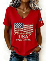 Casual America Flag V Neck Short Sleeves Independence Day T-shirt