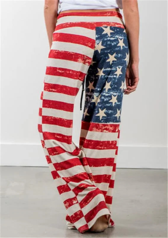 Women Vintage American Flag Print Loose Straight Long Pants
