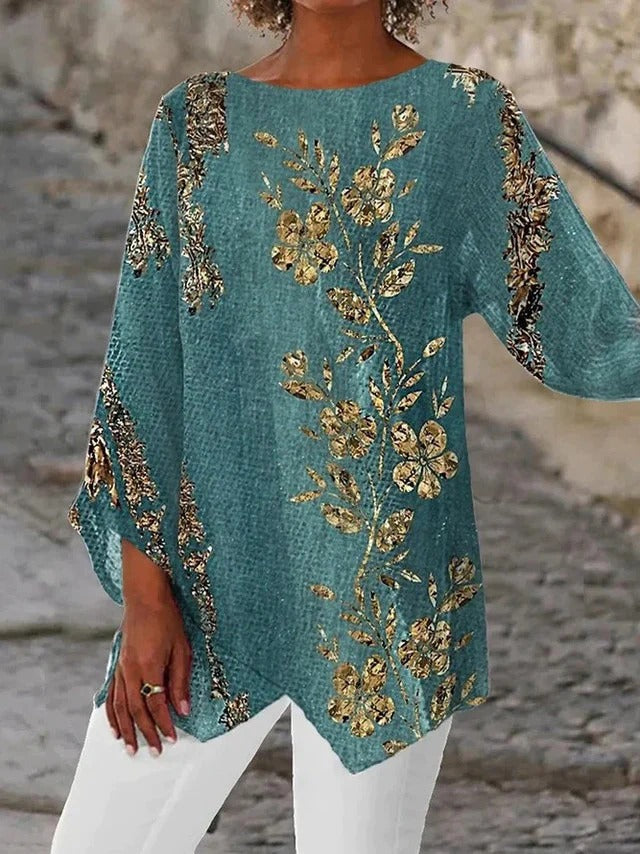 Round Neck Golden Glam Floral Print Long Sleeves Blouse