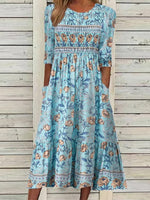 Round Neck Graphic Floral Print Half Sleeves Midi Dress