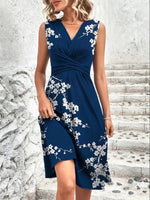 White Cherry Blossom Print Royal Blue Twisted FrontSleeveless Midi Dress