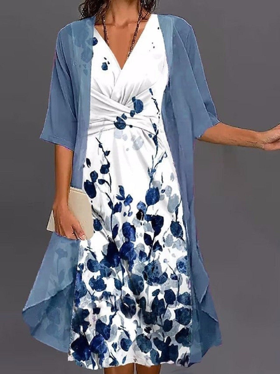 Floral Print V Neck Casual Regular Fit Two-Piece Dress
