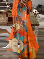 Orange Print Long Sleeve Two Pieces Maxi Dress