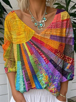 Casual Print V-neck Long Sleeve Loose Tops