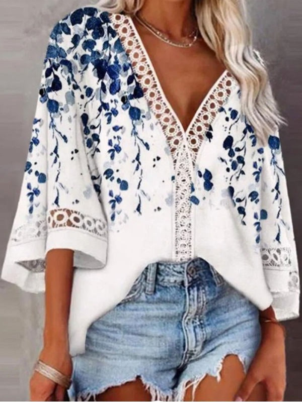 Floral Print V-neck Lace Casual Half Sleeves Blouse