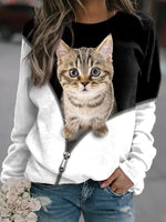 Cat Print Crew Neck Casual Long Sleeves Sweatshirt