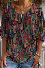 Vintage Ethnic Print V-neck Half Sleeves T-shirt