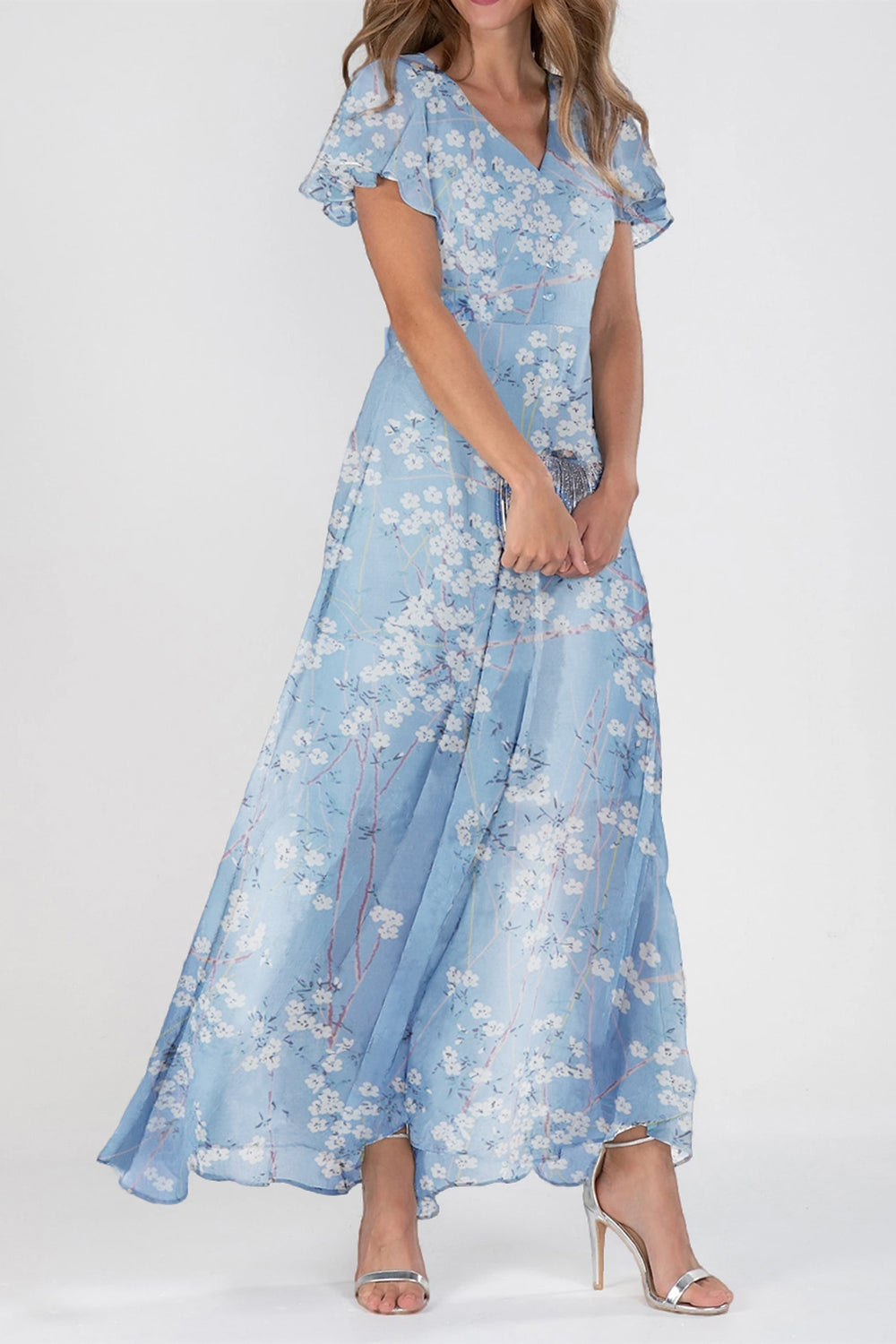 Casual Floral Print V-neck Ruffle Short Sleeve Flowy Maxi Dress