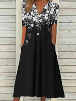Vintage Floral V-neck Pockets Short Sleeve Ruched Comfy Maxi Dress