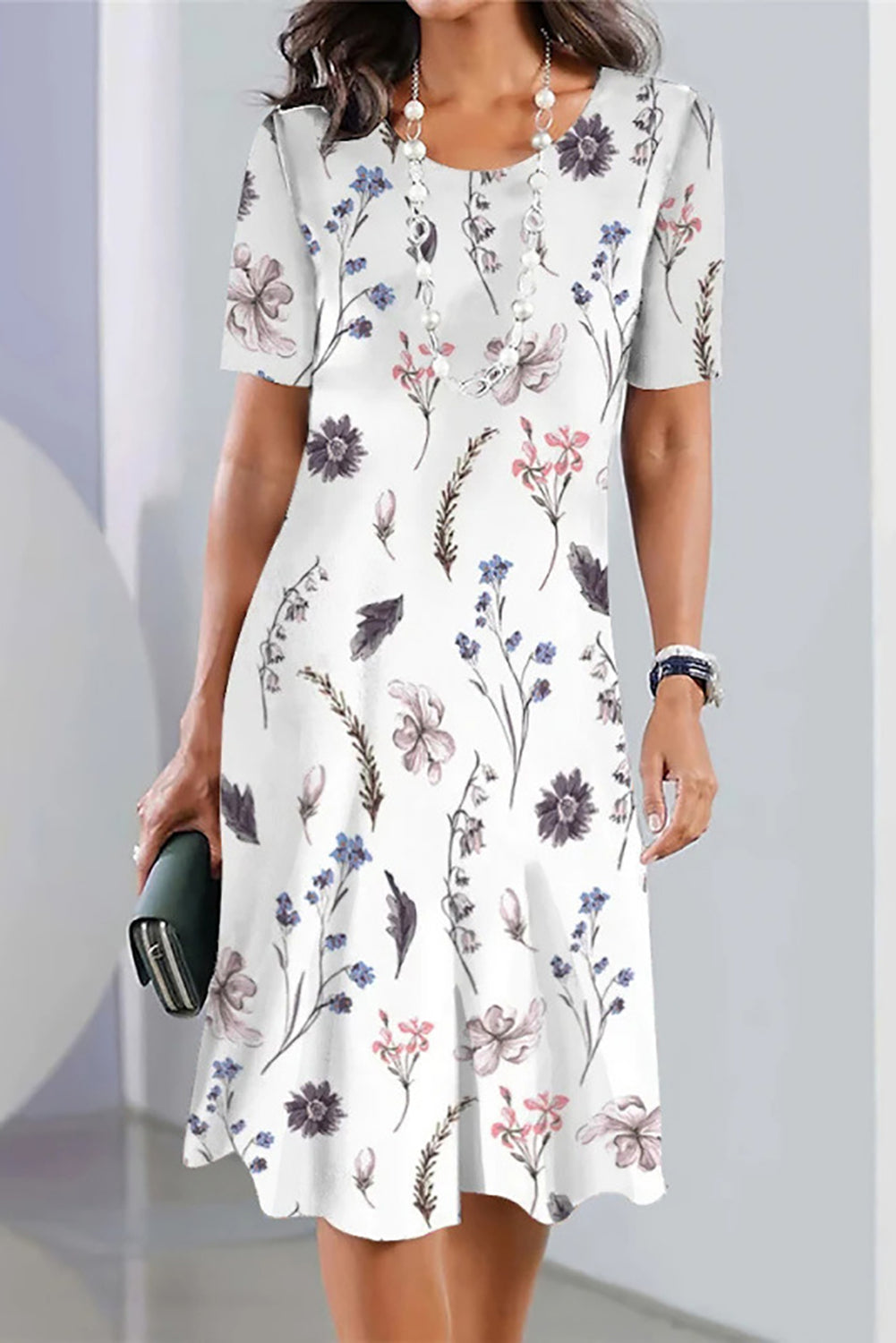 White Round Neck Floral Print Short Sleeves Midi Dress