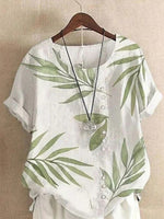 Bamboo Print Round NeckButtons Short Sleeves Blouse