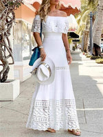 High Waisted Short Sleeve Hollow Solid Color Split-Joint Off-The-Shoulder Maxi Dress