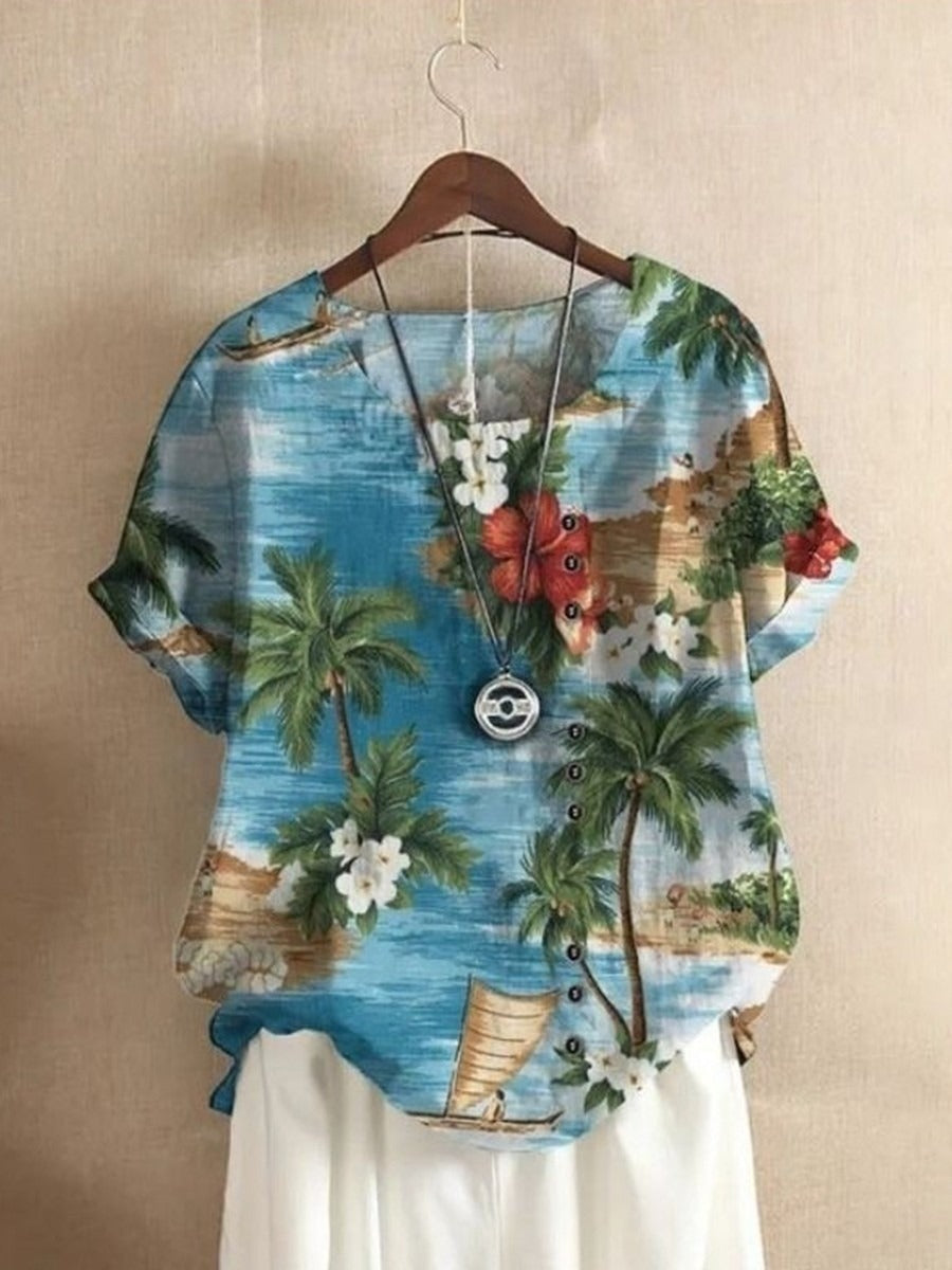 Casual Blue Hawaii Printed Crew Neck Blouse