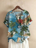 Casual Blue Hawaii Printed Crew Neck Blouse