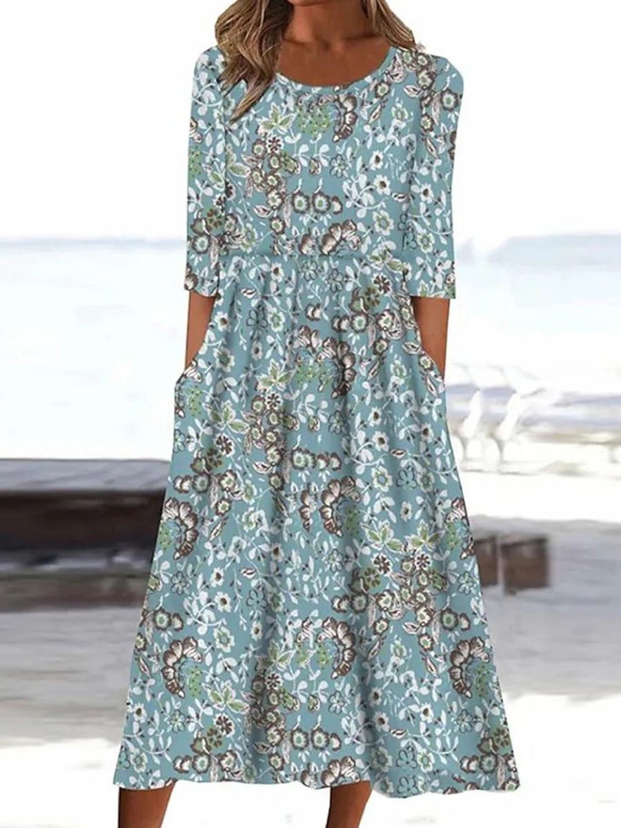 Fashion Round Neck 3/4 Sleeve Midi Dress