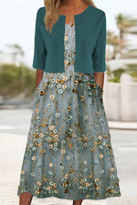 Floral Print Round Neck Half Sleeve Loose Midi Dress Two Piece Set