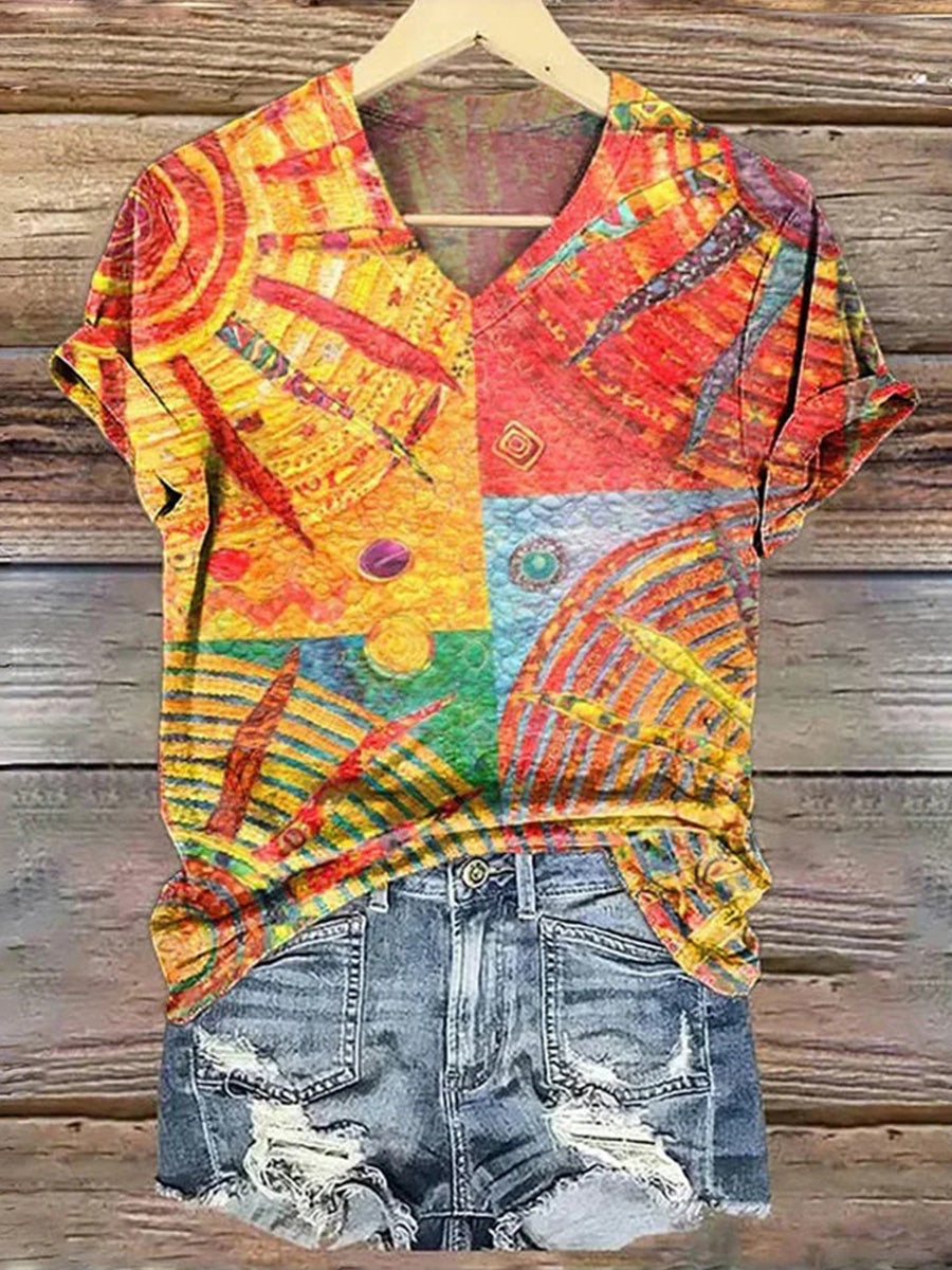 Colourful Print V-neck Short Sleeve T-Shirt