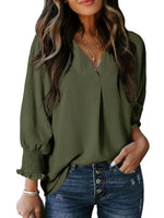 Solid Color V Neck Long Sleeve Loose Blouse