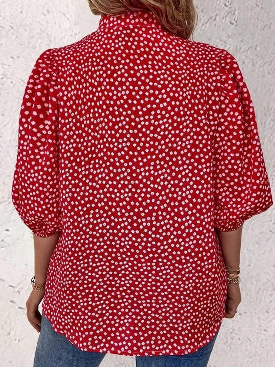 Floral Lapel 3/4 Sleeve Loose Casual Blouse