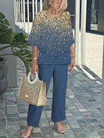 Glitter Round Neck 3/4 Sleeve Layered Hem Blouse and Loose Pants Two Piece Set
