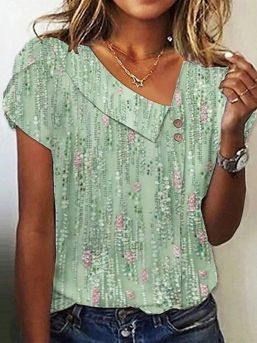 Floral Print Asymmetric Neckline Short Sleeve Casual Blouse