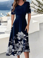 Blue Floral Print V-neck Short Sleeve Midi Dress