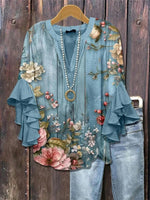 Floral Print V-neck Half Sleeve Blouse