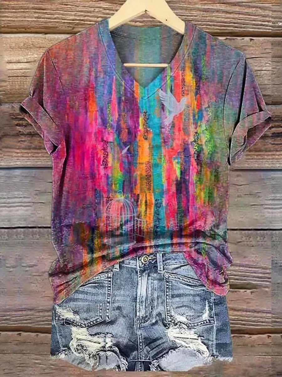 Special Multicolor V-neck Short Sleeve Tops