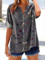Vintage Floral Print V-neck Short Sleeve Tops