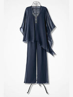 Navy Plain V-neck Long Sleeve Lightweight Flowy Two Piece Set