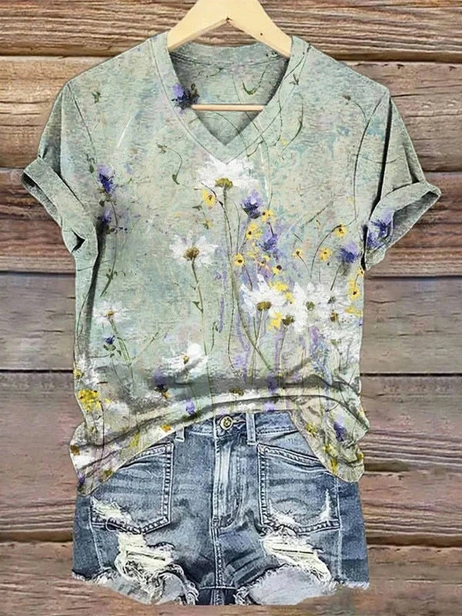 Floral Print V-neck Short Sleeve Casual Daily T-Shirt