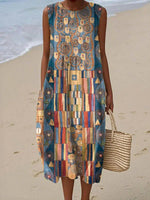 Vintage Geometric Print Round Neck Sleeveless Comfy Maxi Dress