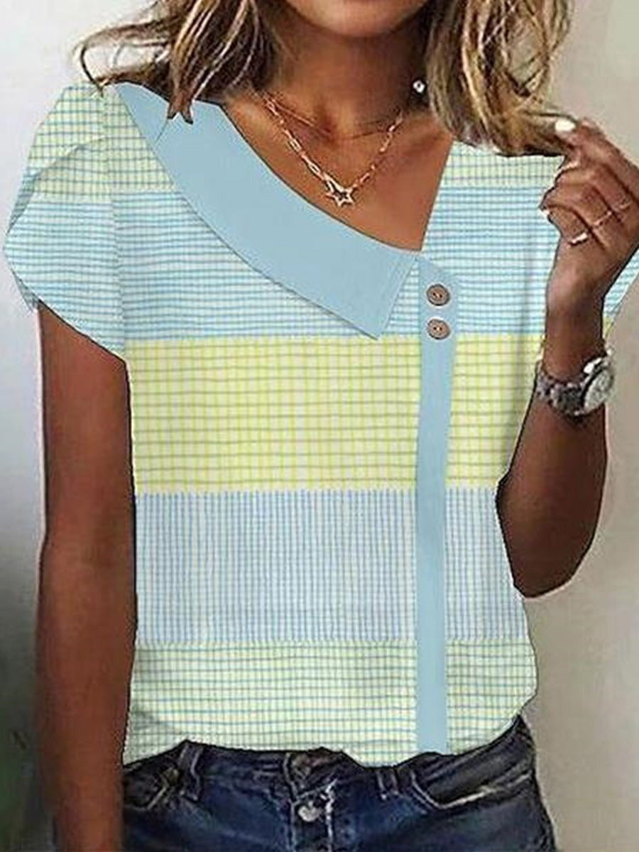 Plaid Asymmetric Neck Short Sleeve Casual T-shirt