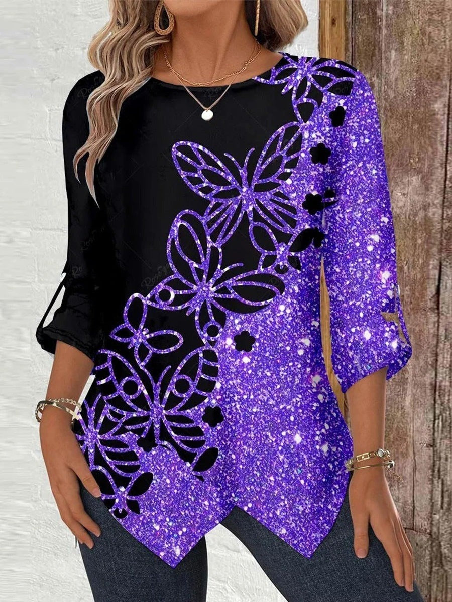 Butterfly Print Scoop Neck Long Sleeve Asymmetrical Hem Blouse