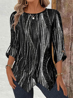 Stripe Print Scoop Neck Long Sleeve Irregular Hem Loose Blouse