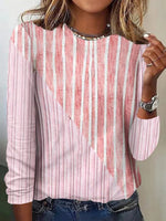 Asymmetric Stripe Print Round Neck Long Sleeve Casual Blouse