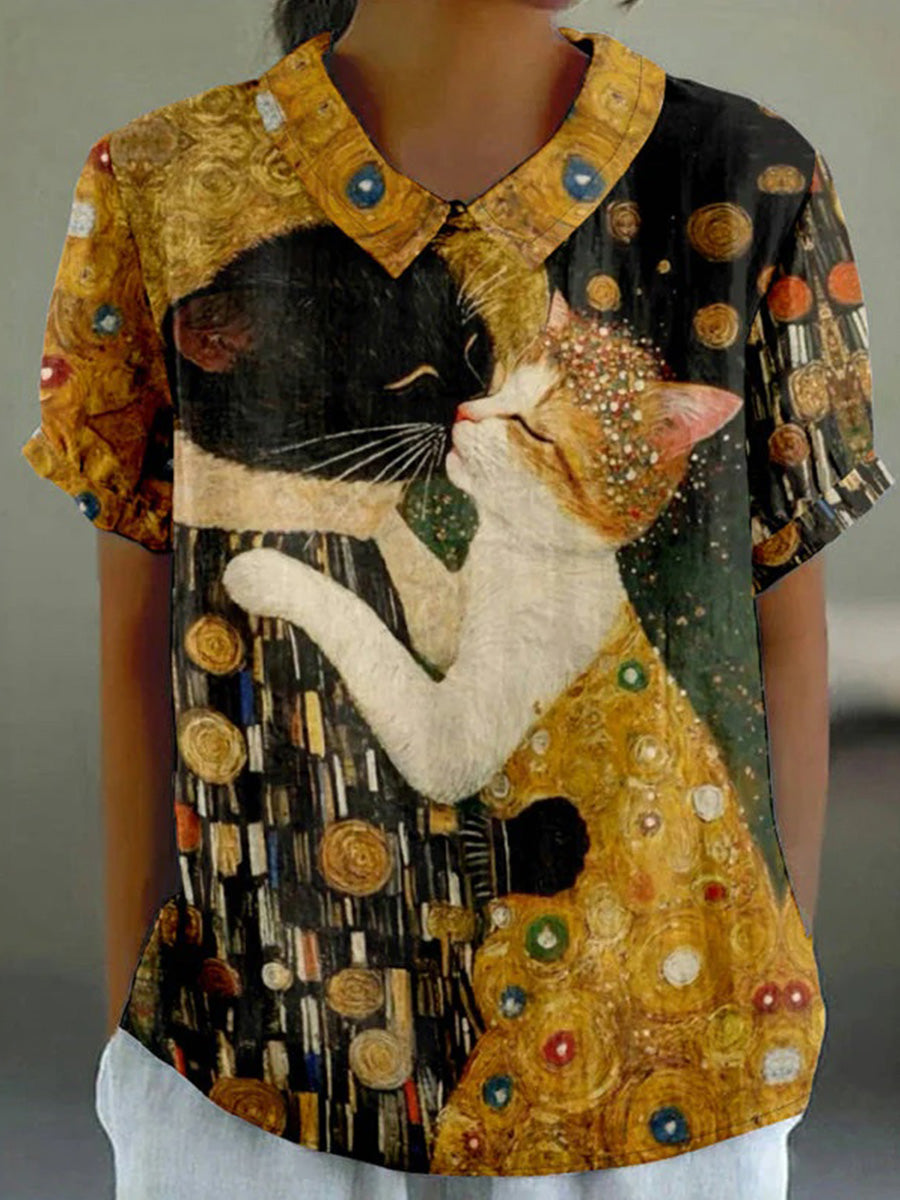 Cute Cartoon Cat Print Round Neck Short Sleeve Casual Blouse