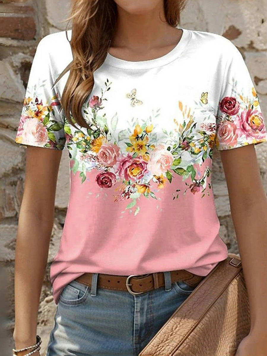 Floral Print Round Neck Short Sleeve T-Shirt