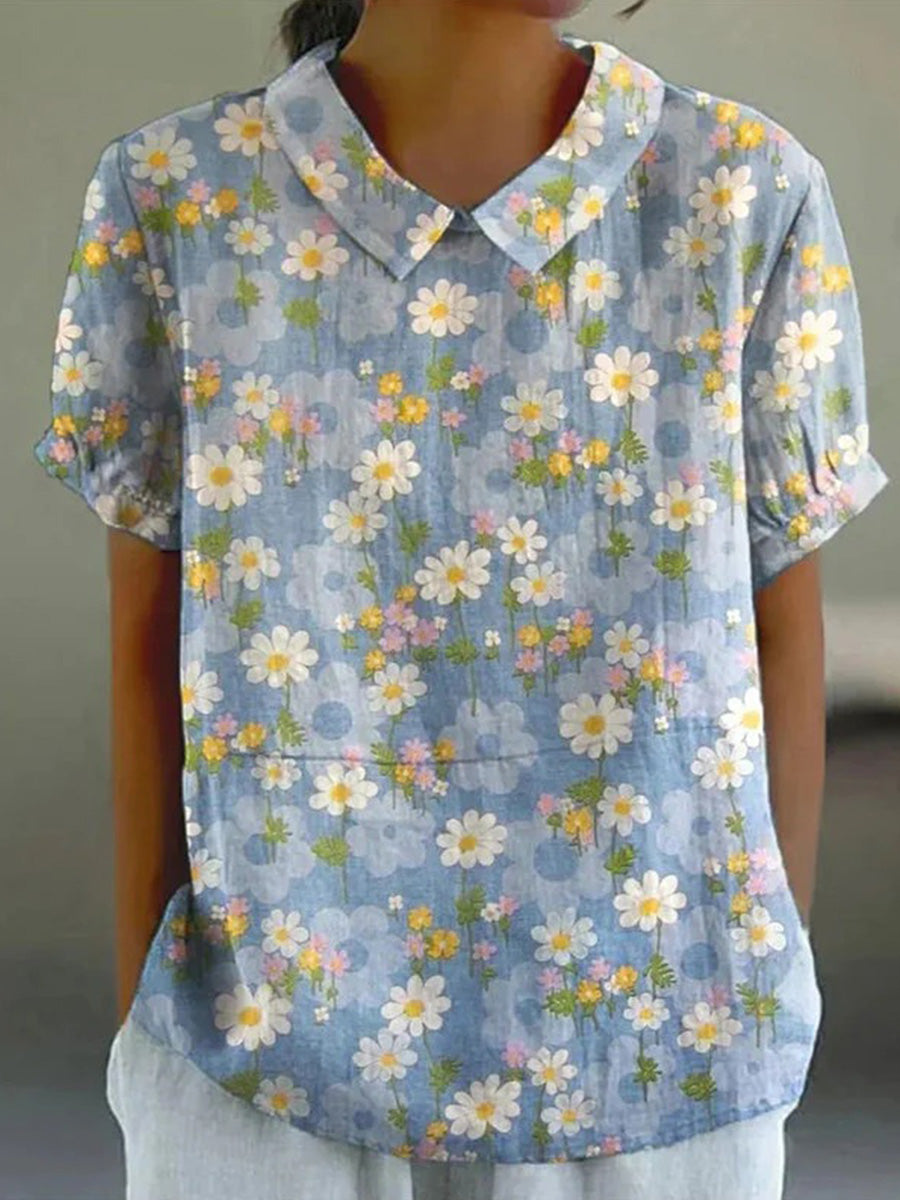 Fresh Floral Print Round Neck Short Sleeve Casual Blouse