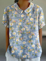 Fresh Floral Print Round Neck Short Sleeve Casual Blouse