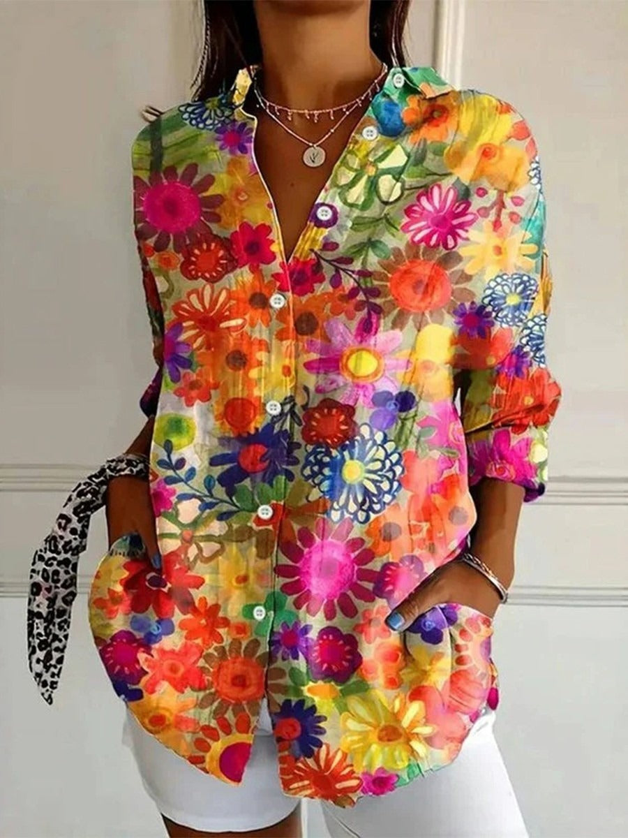 Vintage Floral Print Lapel Long Sleeve Blouse