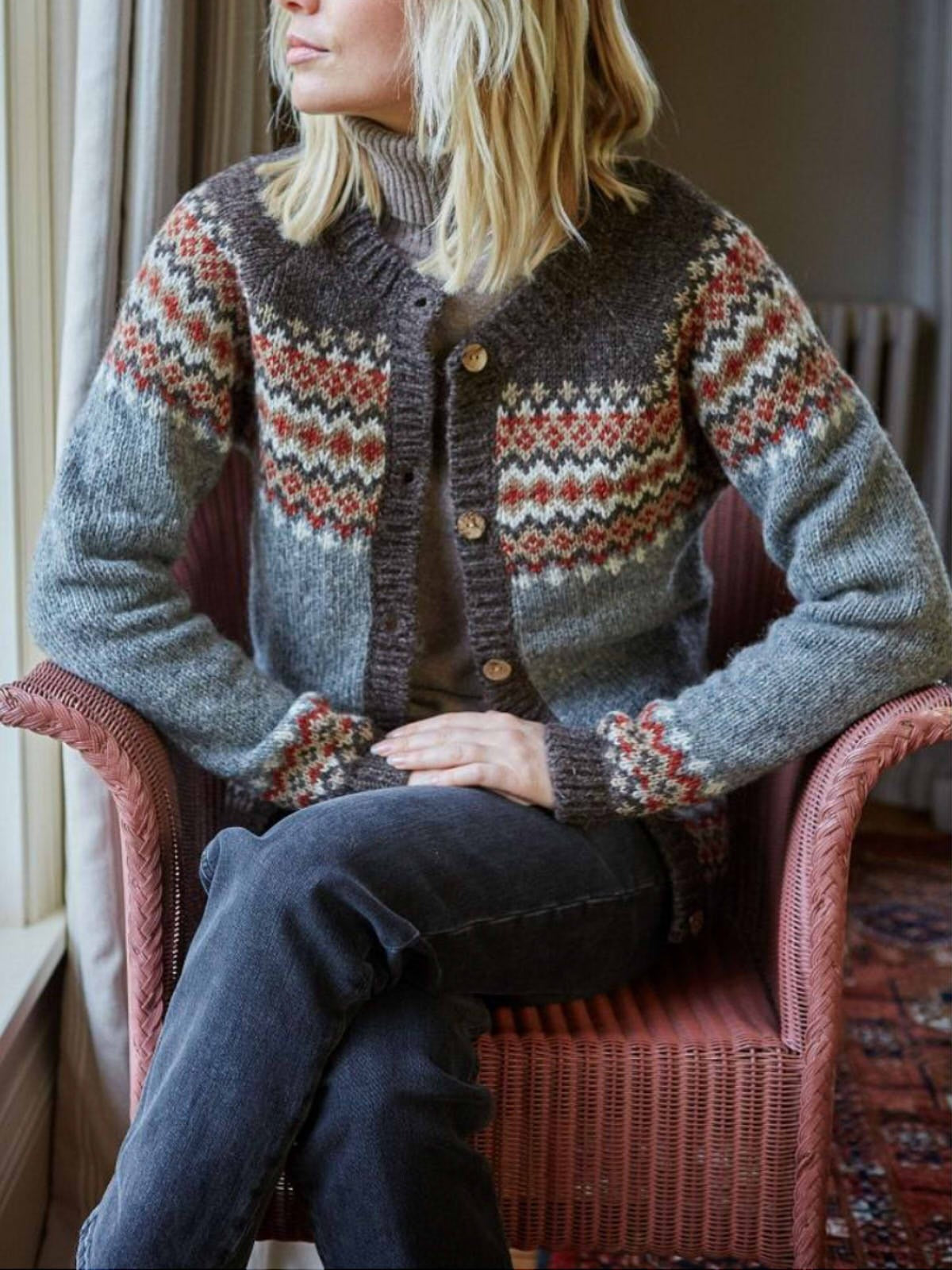 Knitted Fair Isle Diamond Pattern Blouse