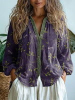 Vintage Leaf Print V-neck Long Sleeve Loose Comfy Blouse