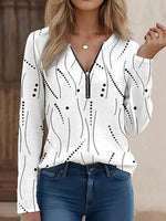 White Abstract Print Zipper V-Neck Long Sleeve Casual Blouse