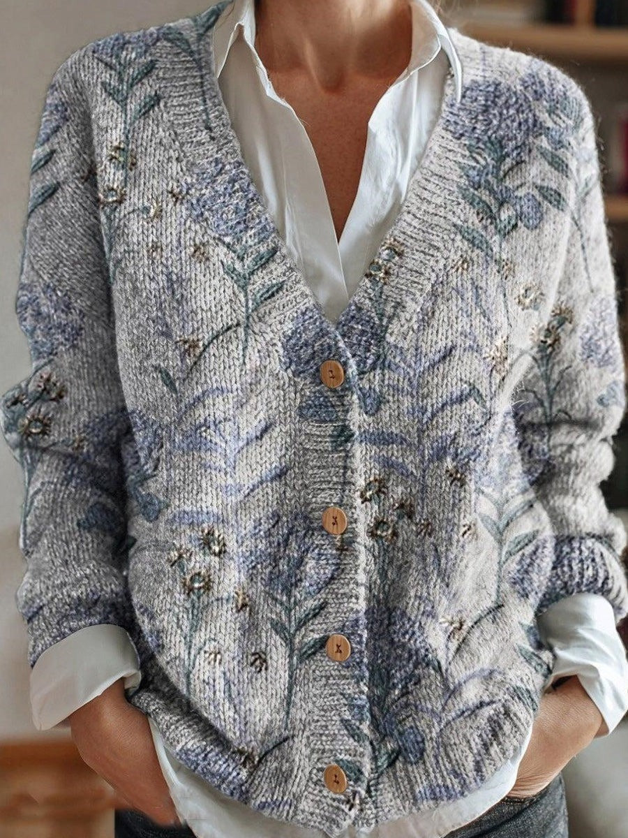 Grey Floral Long Sleeve Casual Comfy Cardigan